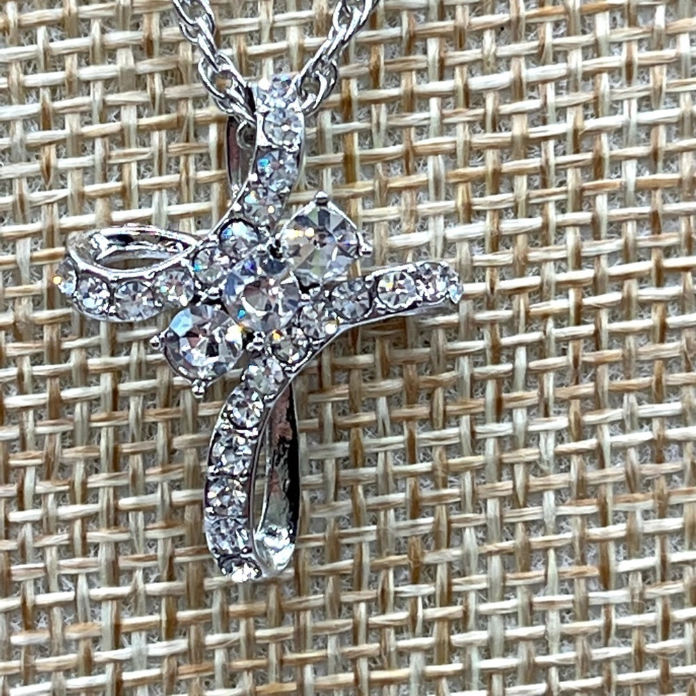 Cross CZ stones bright Religious Cross Christian Silver Tone Cross